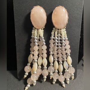Vintage 80’s Rose Quartz Tassel Pierced Earrings. 3”